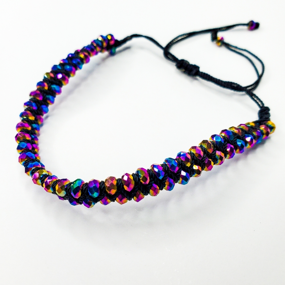 Rainbow Metallic Iridescent Oil Slick Facet Rondelle Adjustable Bracelet Anklet
